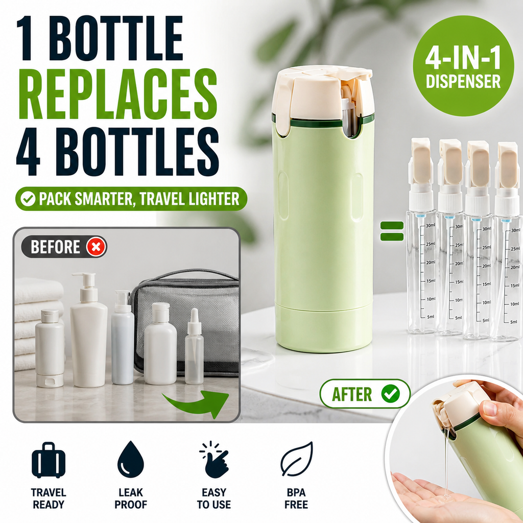 Travel Dispenser - Carry 4 Essentials in 1 Bottle